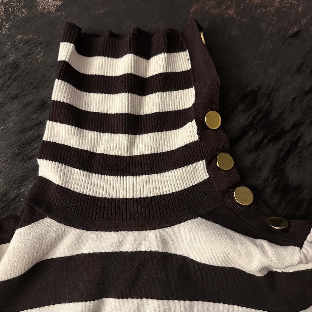 Cache Chocolate Brown & Ivory Striped Turtleneck Sweater Gold Buttons Size M - Picture 12 of 15